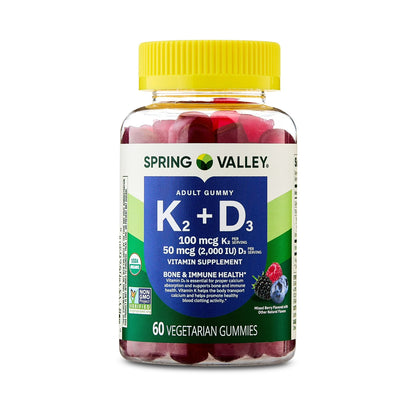 Spring Valley | Vitamina K2 + D3 | 60 Gomitas Sabor Frutos del Bosque | Salud Ósea e Inmunitaria