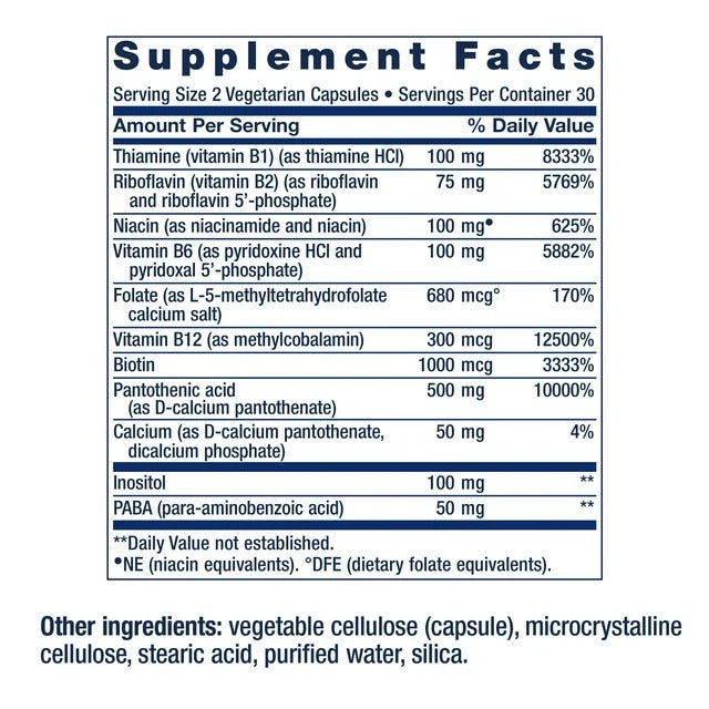 Tabla nutrimental Life Extension BioActive B-Complex -- B12 como metilcobalamina 300 mcg, folato 5-MTHF 680 mcg, biotina 1000 mcg, B5 500 mg por porcion de 2 capsulas