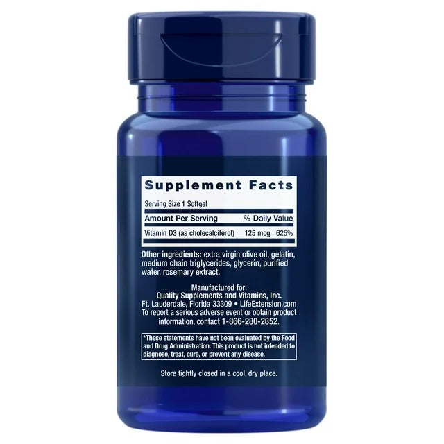 Supplement Facts Vitamina D3 Life Extension: colecalciferol 125 mcg (5000 IU) 625% VD en aceite de oliva virgen extra