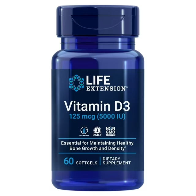 Life Extension Vitamina D3 5000 IU 60 capsulas blandas colecalciferol -- Gluten Free Non-GMO frasco azul