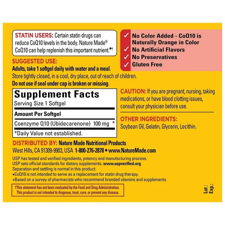 Nature Made | CoQ10 100mg | 72 Cápsulas Blandas | Salud Cardiovascular
