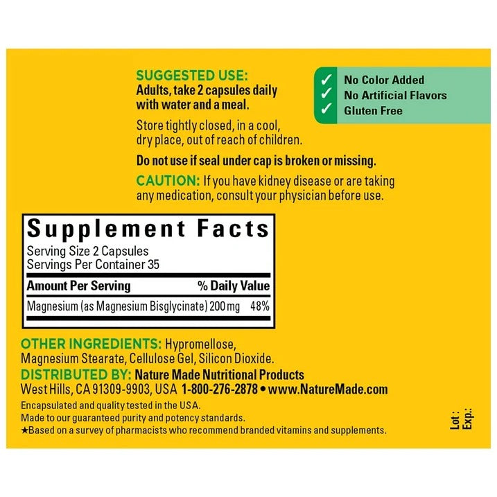 Nature Made | Glicinato de Magnesio 200 mg | 70 Cápsulas | Apoyo a la Relajación y Salud Muscular
