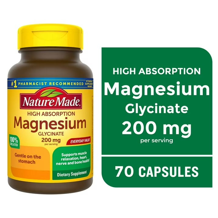 Nature Made | Glicinato de Magnesio 200 mg | 70 Cápsulas | Apoyo a la Relajación y Salud Muscular
