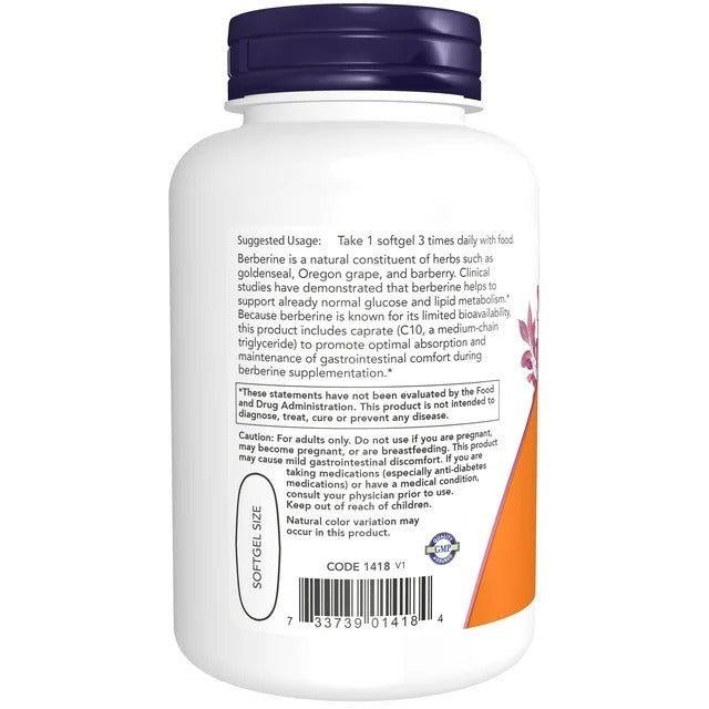 NOW Foods | Berberina con Aceite MCT para Máxima Absorción | 60 Cápsulas | Soporte Metabólico