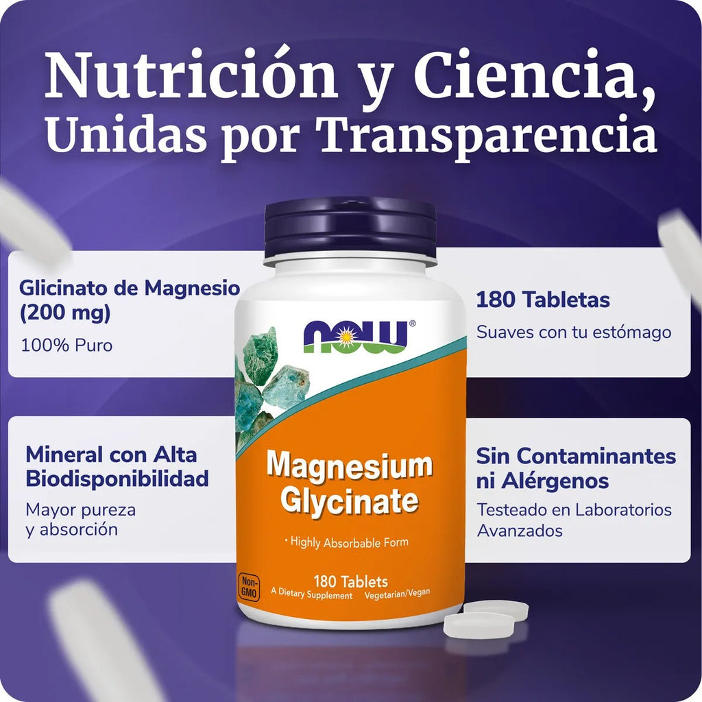 NOW Foods | Glicinato de Magnesio 100 mg | 180 Tabletas | Relajación y Soporte Muscular