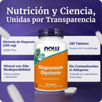 NOW Foods | Glicinato de Magnesio 100 mg | 180 Tabletas | Relajación y Soporte Muscular
