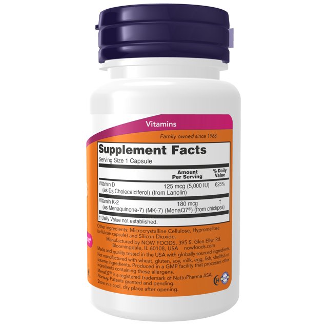 NOW Foods | Mega D-3 & MK-7  | 60 Cápsulas Vegetales | Soporte Óseo y Cardiovascular