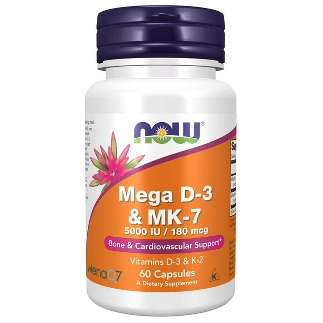 NOW Foods | Mega D-3 & MK-7  | 60 Cápsulas Vegetales | Soporte Óseo y Cardiovascular