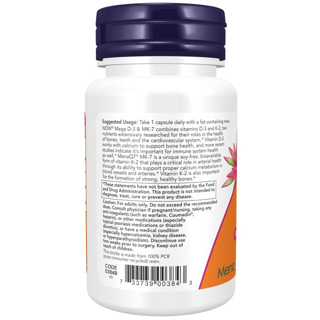 NOW Foods | Mega D-3 & MK-7  | 60 Cápsulas Vegetales | Soporte Óseo y Cardiovascular