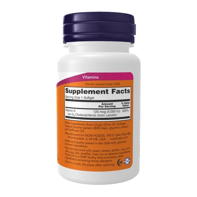 NOW Foods | Vitamina D-3 5000 IU | 120 Cápsulas | Salud Ósea y Cardiovascular