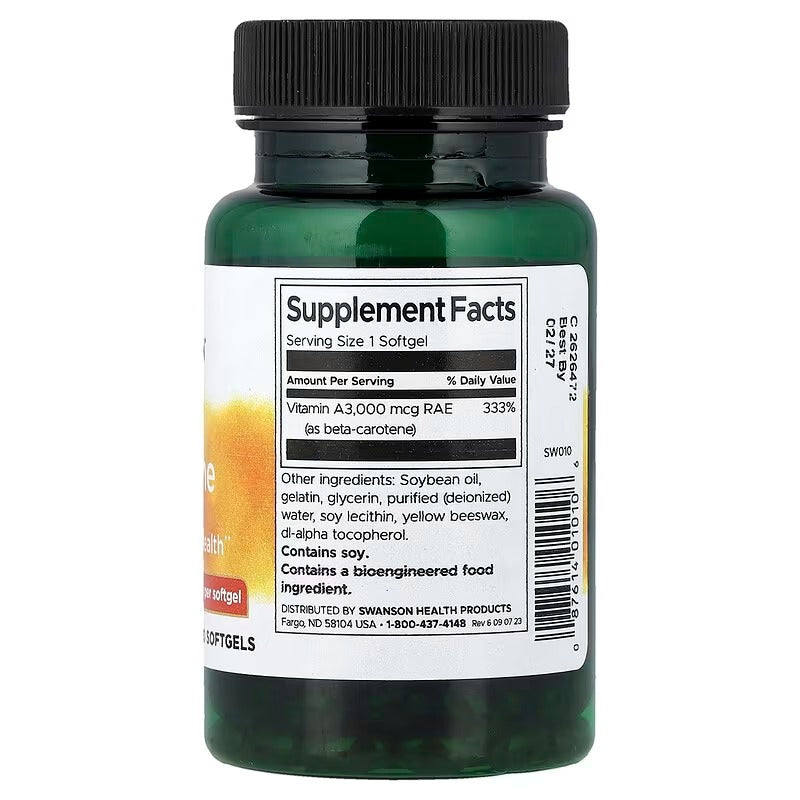 Swanson | Beta-Carotene 10,000 IU (3,000 mcg) | 250 Softgels | Apoyo Sistema Inmune y Visual