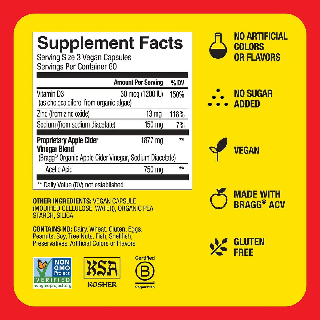 Bragg | Vinagre de Sidra de Manzana 750 mg | 180 Cápsulas | Salud Metabólica