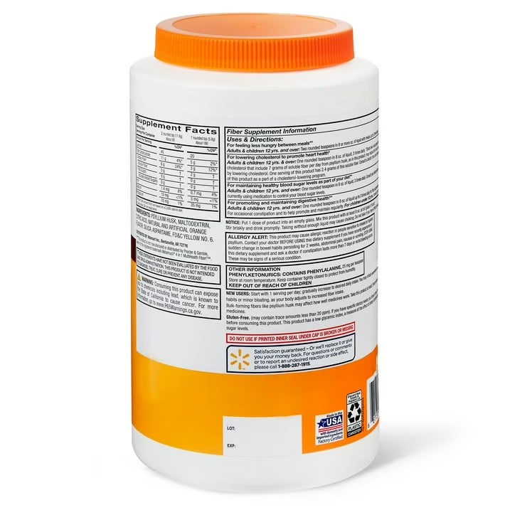 Equate | Fibra de Cáscara de Psyllium Sin Azúcar  | 1.04 Kg Sabor Naranja | Salud Digestiva