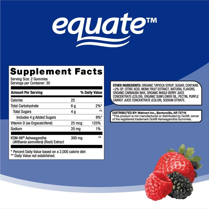 Equate | Ashwagandha 300 mg | 60 Gomitas Sabor Moras | Relajación y Estrés