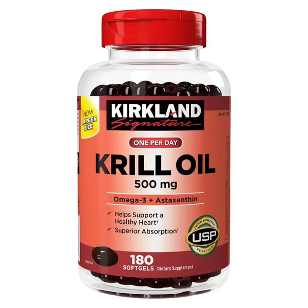 Kirkland Signature Krill Oil 500 mg 180 softgels — Omega-3 + astaxantina, verificado USP. Calificación A VitaMarket