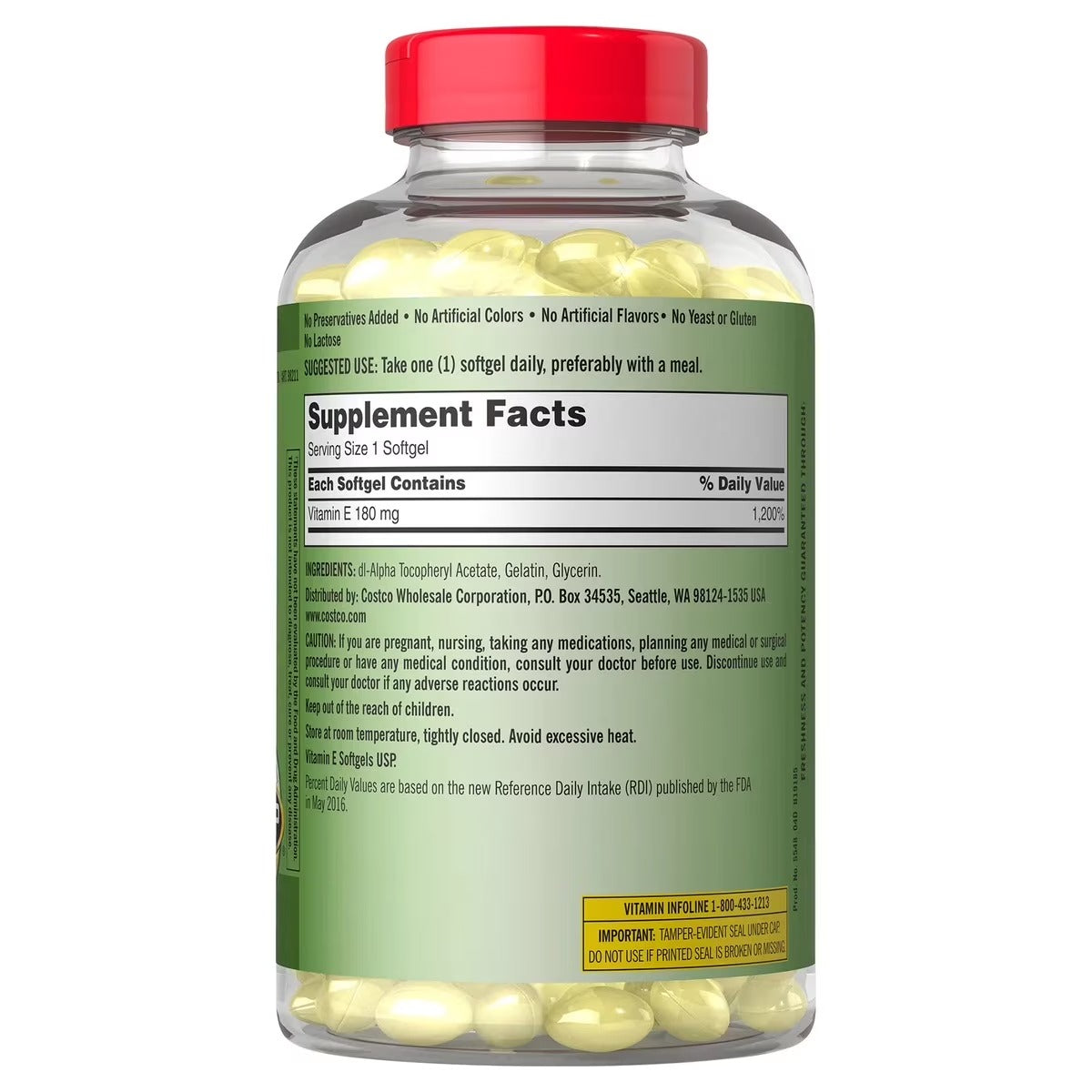 Etiqueta Kirkland Vitamina E 180 mg: tabla nutricional 1,200% VD por softgel. 3 ingredientes: dl-Alpha Tocopheryl Acetate, Gelatin, Glycerin. Sin colorantes ni conservadores.