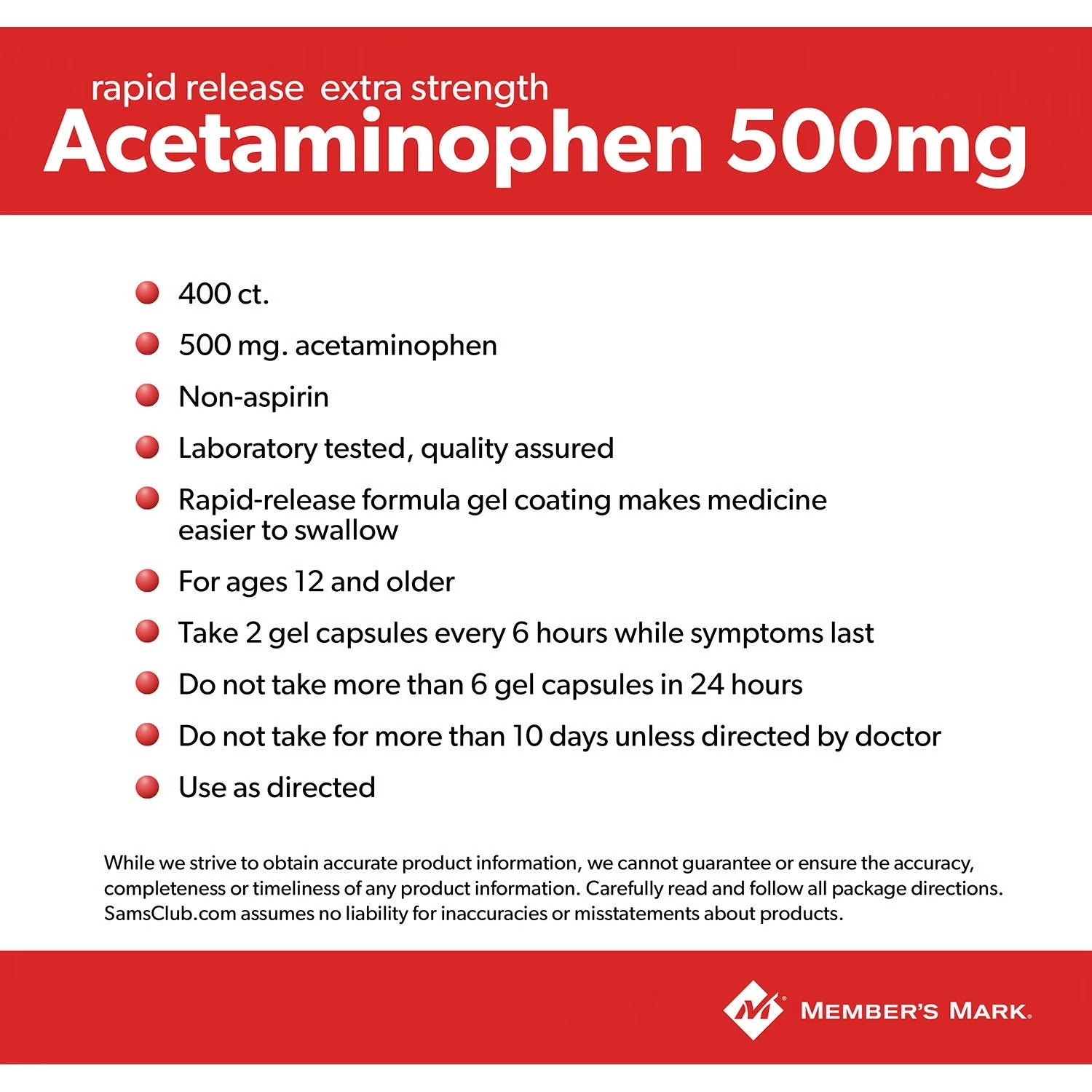 Member's Mark |  Extra Strength Acetaminophen 500 mg | 400 Gelcaps | Alivio del Dolor