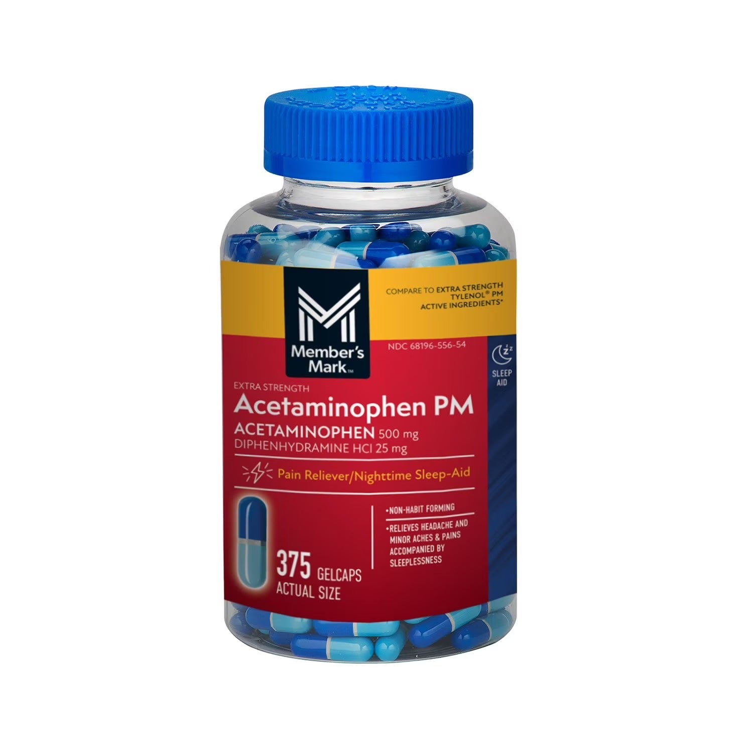 Member's Mark | Acetaminophen PM  500 mg / 25 mg | 375 Gelcaps | Alivio del Dolor y Sueño