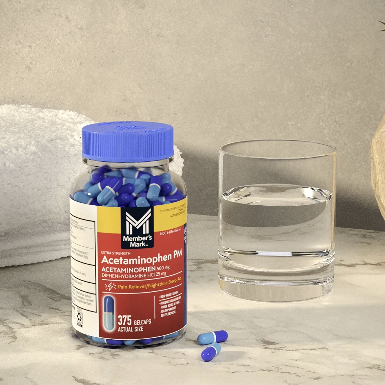 Member's Mark | Acetaminophen PM  500 mg / 25 mg | 375 Gelcaps | Alivio del Dolor y Sueño