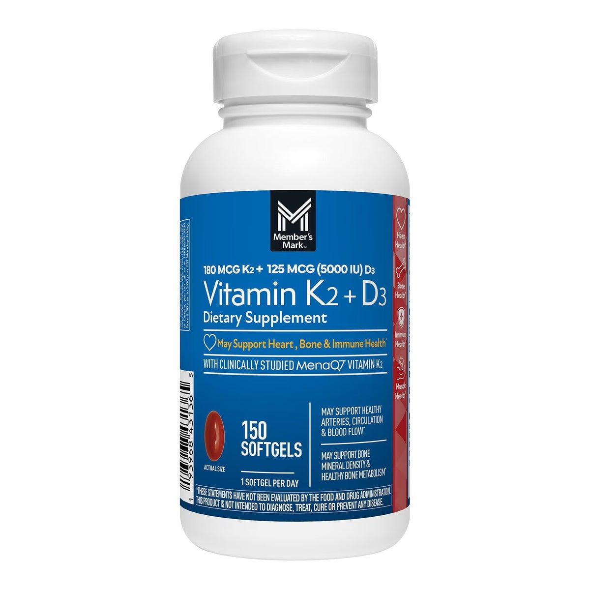 Member's Mark Vitamina K2 + D3 150 softgels -- D3 5000 IU, K2 MenaQ7 180 mcg, Heart Bone Immune Health