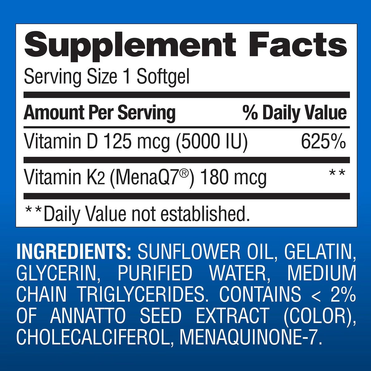 Supplement Facts MM K2 D3: Vitamin D 125 mcg 5000 IU, Vitamin K2 MenaQ7 180 mcg, serving 1 softgel, advertencia anticoagulantes coumarin