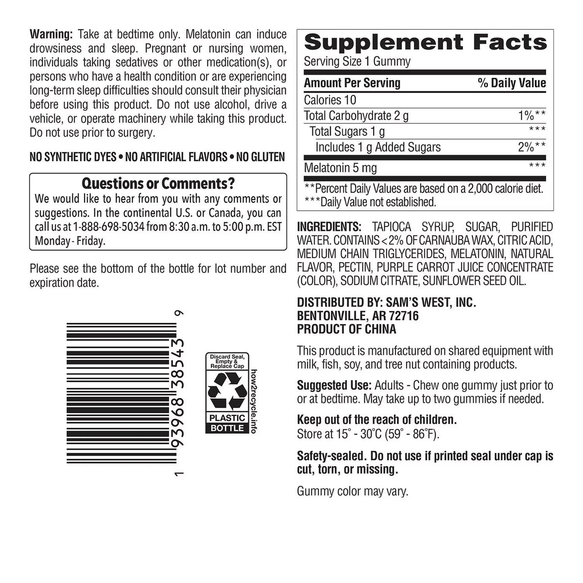 Supplement Facts MM Melatonina: Melatonin 5 mg, serving 1 gummy, color de zanahoria morada, sin colorantes sinteticos