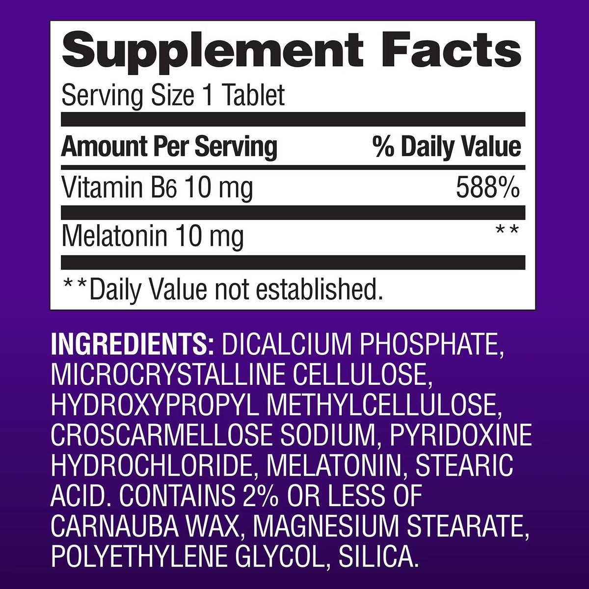 Supplement Facts MM Melatonina Timed Release: Vitamin B6 10 mg, Melatonin 10 mg, serving 1 tablet, liberacion prolongada