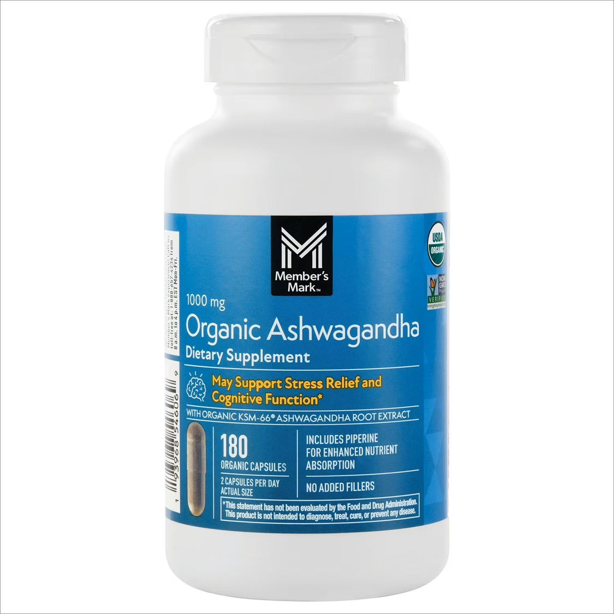 Frasco blanco de 180 capsulas de Member's Mark Organic Ashwagandha 1000 mg con sellos USDA Organic y Non-GMO Project Verified en etiqueta azul