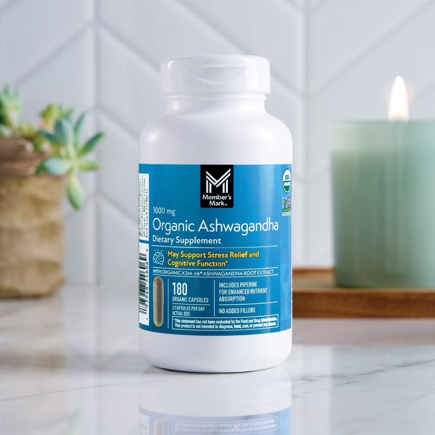 Member's Mark | Ashwagandha Orgánica  1000 mg | 180 Cápsulas Vegetarianas | Relajación y Estrés