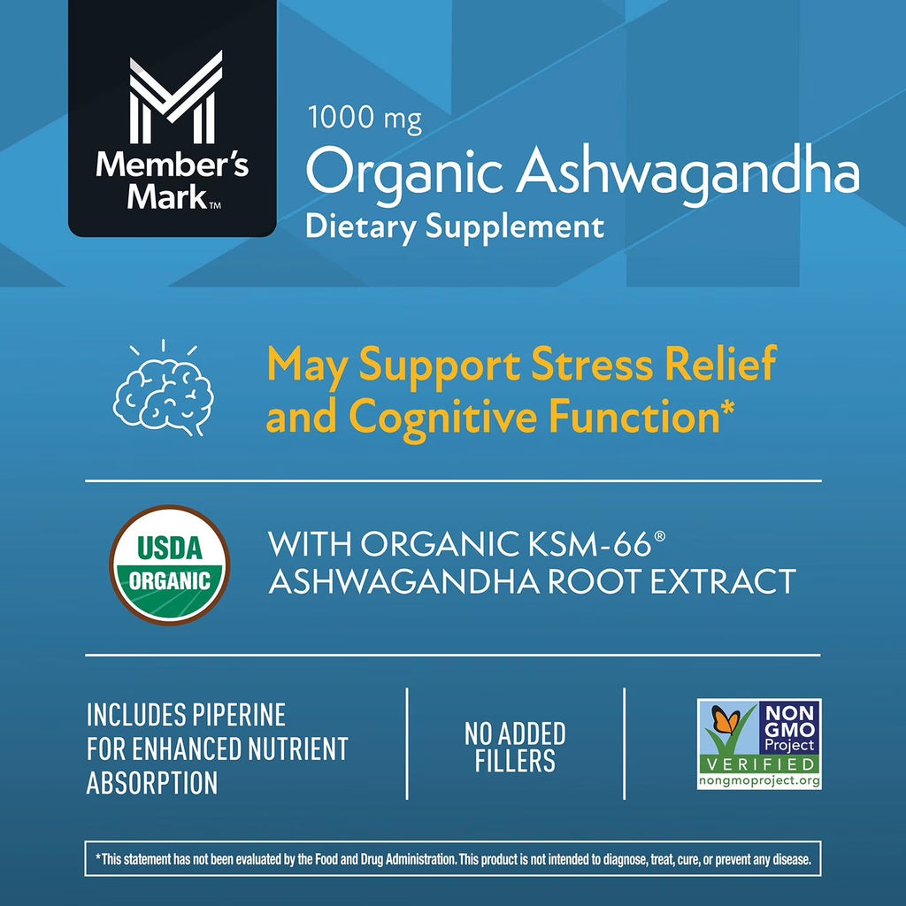 Member's Mark | Ashwagandha Orgánica  1000 mg | 180 Cápsulas Vegetarianas | Relajación y Estrés