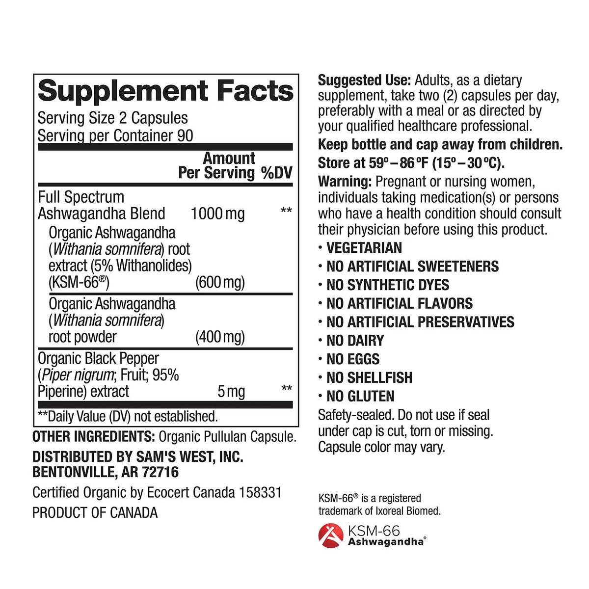 Panel Supplement Facts de Member's Mark Ashwagandha: Full Spectrum Blend 1000 mg con KSM-66 600 mg y polvo de raiz 400 mg, piperina 5 mg. Certificado organico Ecocert Canada 158331