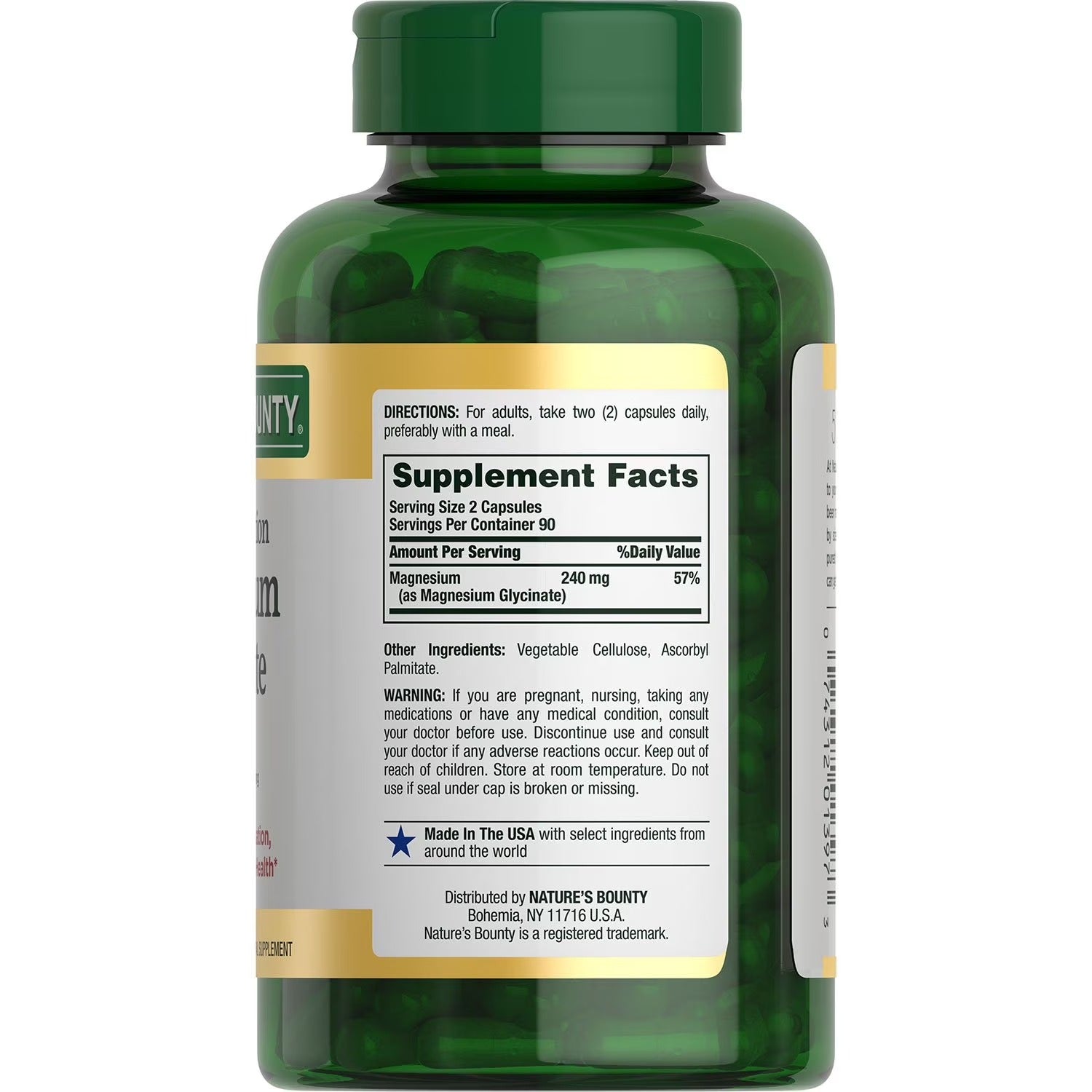 Nature's Bounty | Glicinato de Magnesio 240 mg | 180 Cápsulas | Relajación y Soporte Muscular
