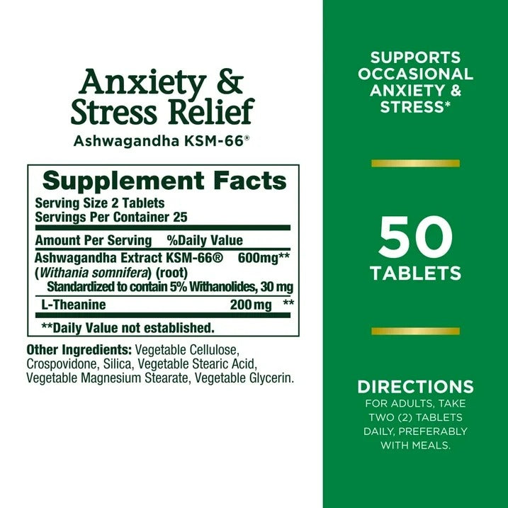 Nature’s Bounty | Ashwagandha KSM 66 + L-Teanina | 50 Tabletas | Apoyo Estrés y Ansiedad
