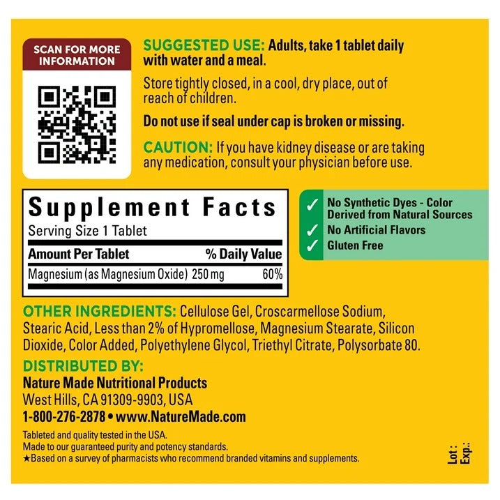 Nature Made | Magnesio 250 mg | 300 Tabletas |  Sueño, Músculos y Sistema Nervioso