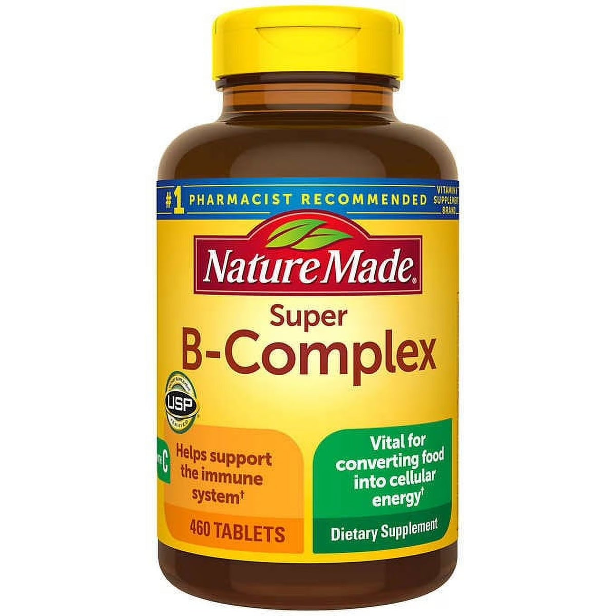 Nature Made Super B-Complex con C 460 tabletas -- USP Verified, frasco ambar tapa amarilla