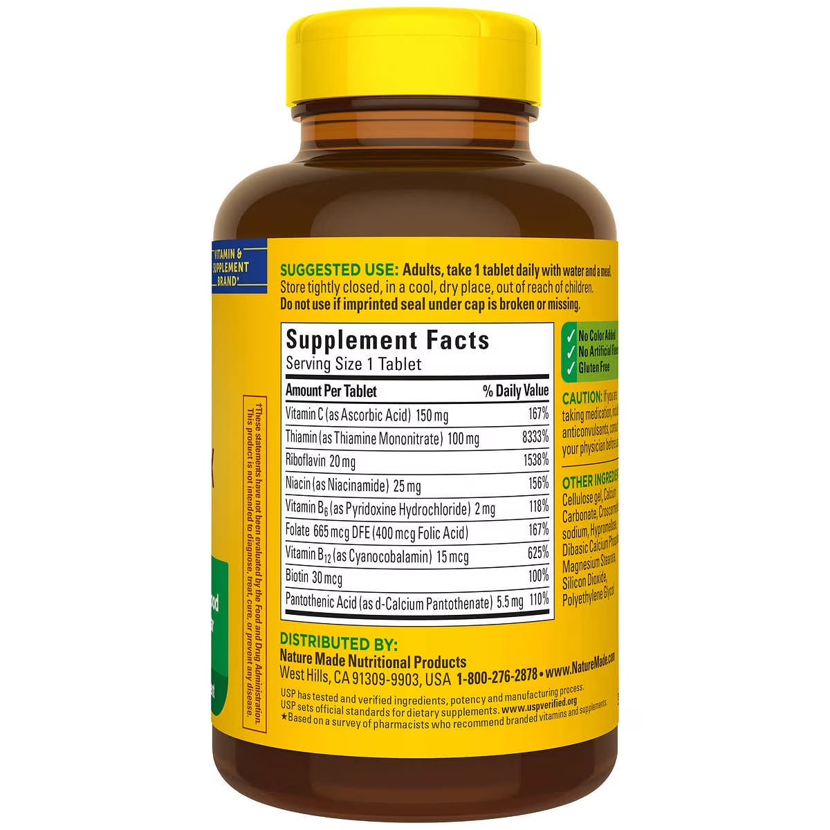 Supplement Facts Nature Made Complejo B: Tiamina 100mg, Riboflavina 20mg, B12 15mcg, Folato 665mcg DFE, USP verificado
