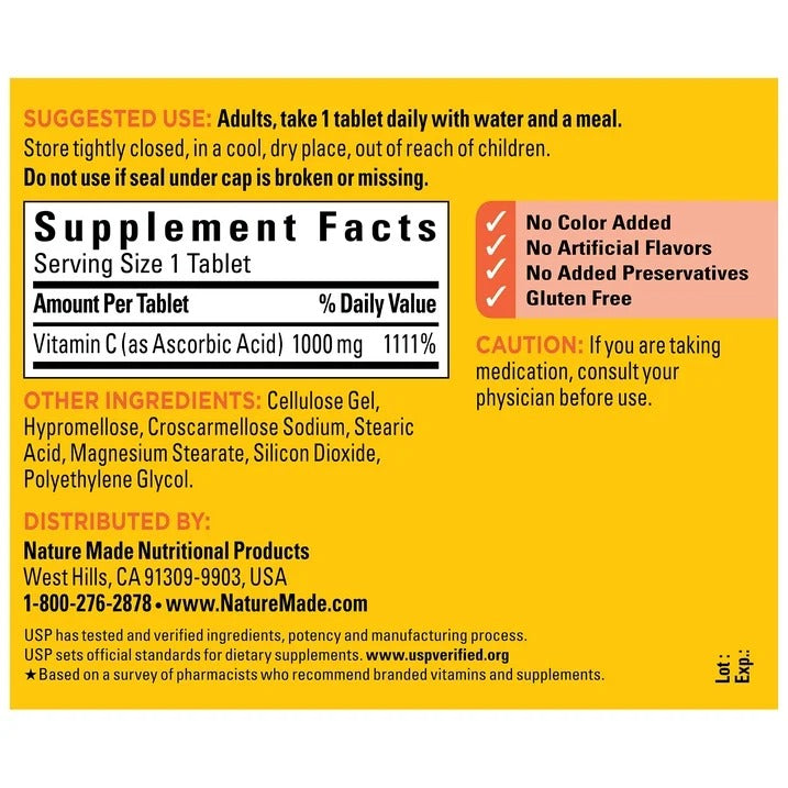 Nature Made |  Vitamina C 1000 mg | 105 Tabletas | Apoyo Inmunológico y Antioxidante