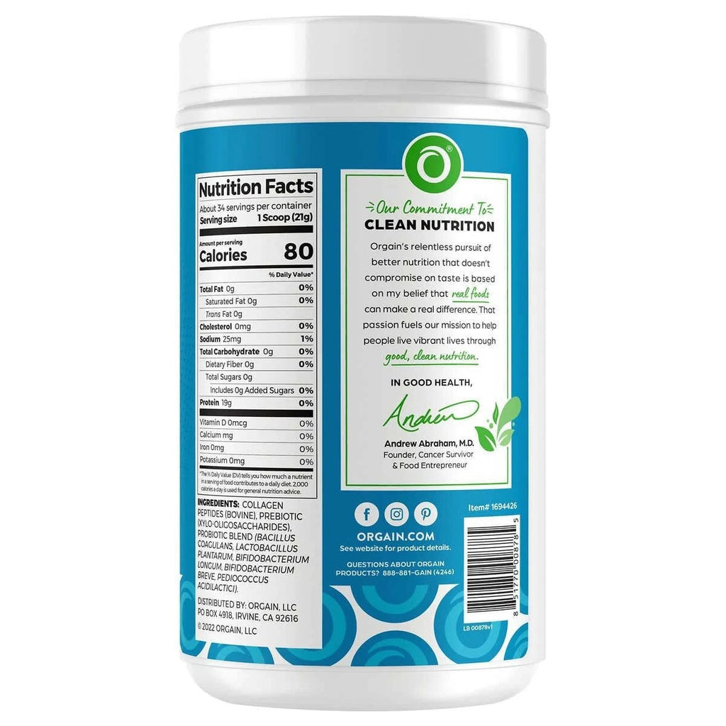 Orgain | Péptidos de Colágeno + Probióticos 20g Colágeno | 726g | Soporte para Piel, Cabello, Digestiva y Articular