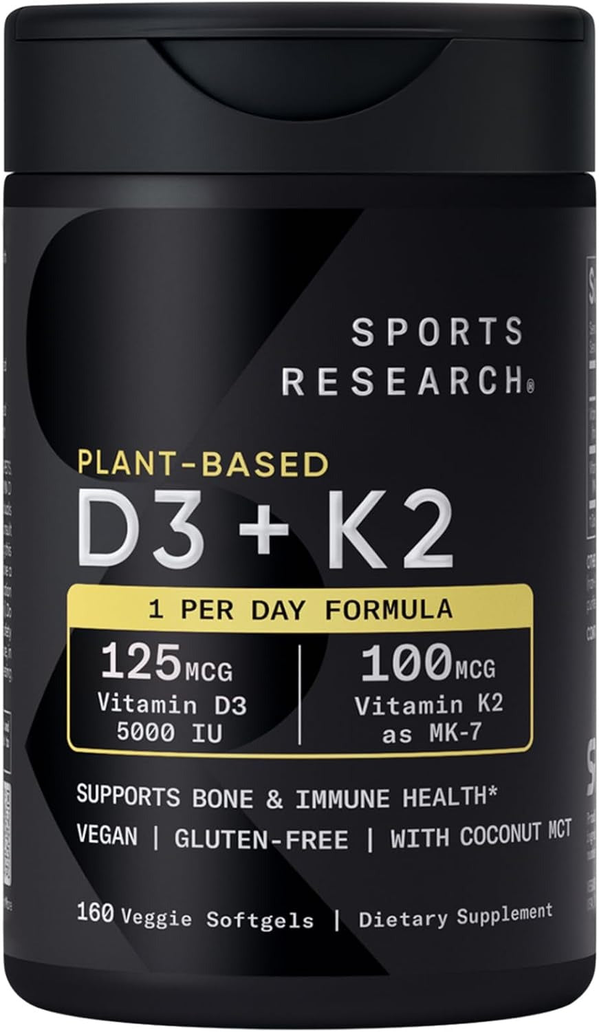 Sports Research Vitamina D3 + K2 160 softgels veganos -- D3 5000 IU de liquen, K2 MK-7, Non-GMO Project Verified