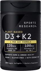 Sports Research | Vitamina D3 + K2 | 160 Cápsulas Veganas | Salud Ósea e Inmune