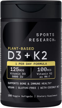 Sports Research | Vitamina D3 + K2 | 160 Cápsulas Veganas | Salud Ósea e Inmune