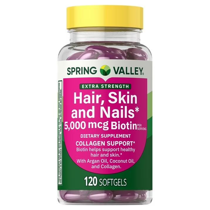 Spring Valley | Biotina 5000 mcg | 120 Softgels | Apoyo para el Cabello, Piel y Uñas