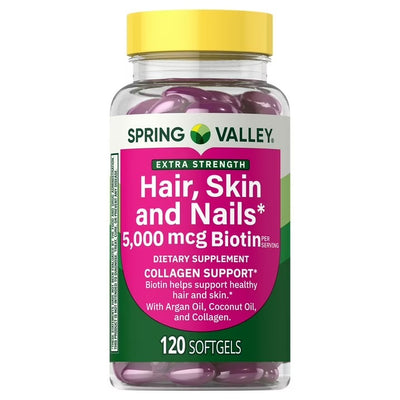 Spring Valley | Biotina 5000 mcg | 120 Softgels | Apoyo para el Cabello, Piel y Uñas