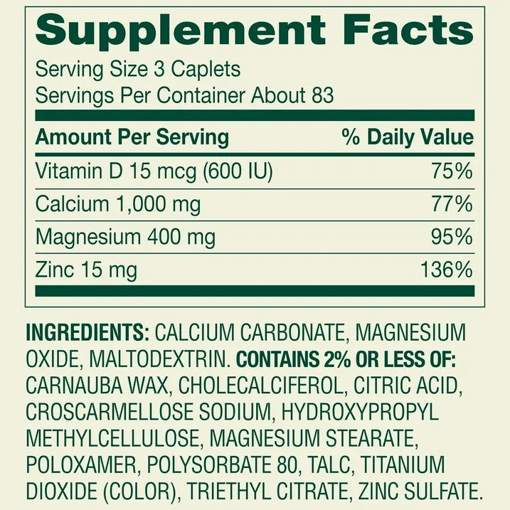 Spring Valley | Calcio, Magnesio, Zinc & Vitamina D3 | 250 Caplets | Salud Ósea e Inmune