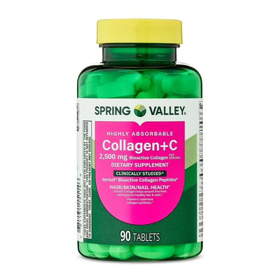 Spring Valley | Colágeno de Alta Absorción + C  2,500 mg | 90 Tabletas | Salud de Cabello, Piel y Uñas