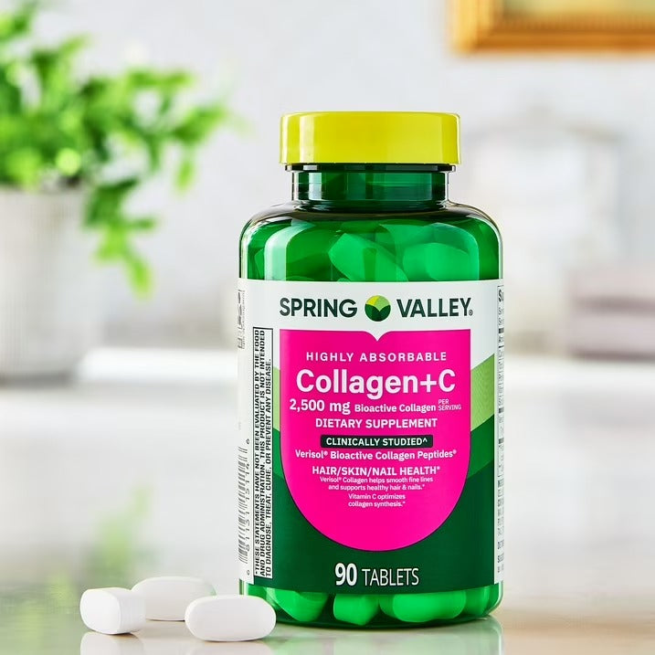 Spring Valley | Colágeno de Alta Absorción + C  2,500 mg | 90 Tabletas | Salud de Cabello, Piel y Uñas