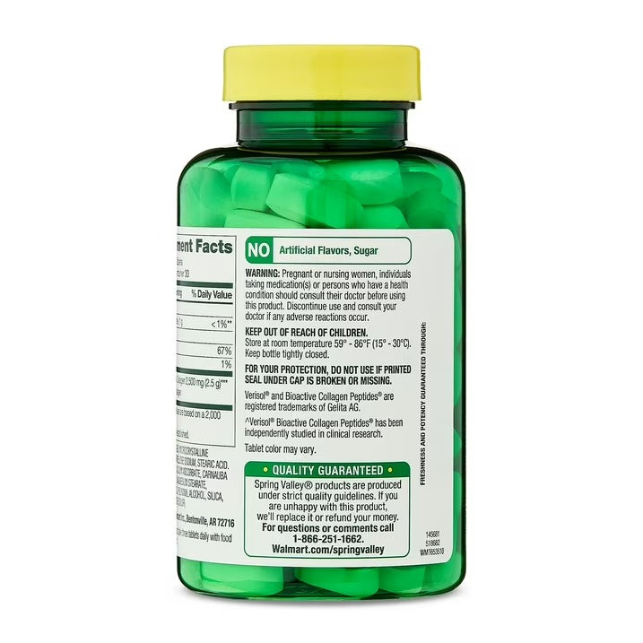 Spring Valley | Colágeno de Alta Absorción + C  2,500 mg | 90 Tabletas | Salud de Cabello, Piel y Uñas
