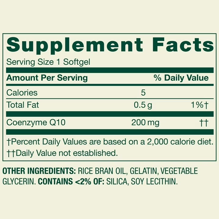 Supplement Facts Spring Valley CoQ10: Coenzyme Q10 200 mg, serving 1 softgel, Contains Soy