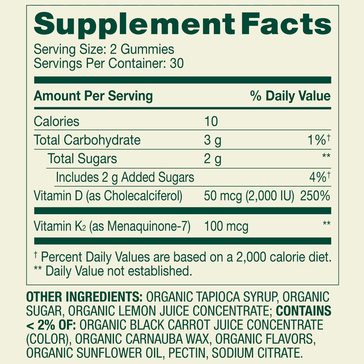 Supplement Facts Spring Valley K2 D3: Vitamin D 2000 IU 250% VD, Vitamin K2 MK-7 100 mcg, serving 2 gummies, chew 2 daily