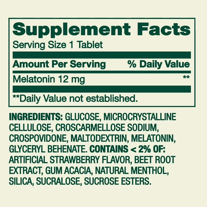Supplement Facts SV Melatonina Ultra: Melatonin 12 mg, serving 1 tablet, dissolve under tongue 30 seconds, vegetariana, sin talco